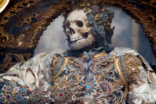 - Waldsassen, Germany, detail of St. Gratian. The Basilika at Waldsassen holds the largest extent collection of presumed skeletons of martyrs from the Roman Catacombs still on display.