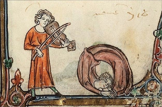 Marginalia of medieval monks dancing