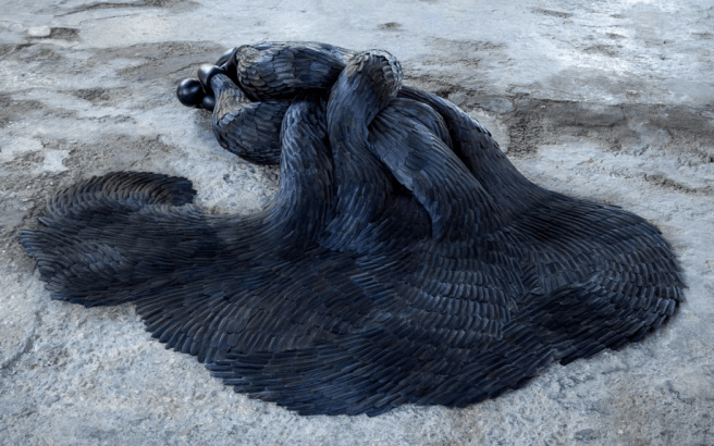 Kate MccGwire art installation of feathers